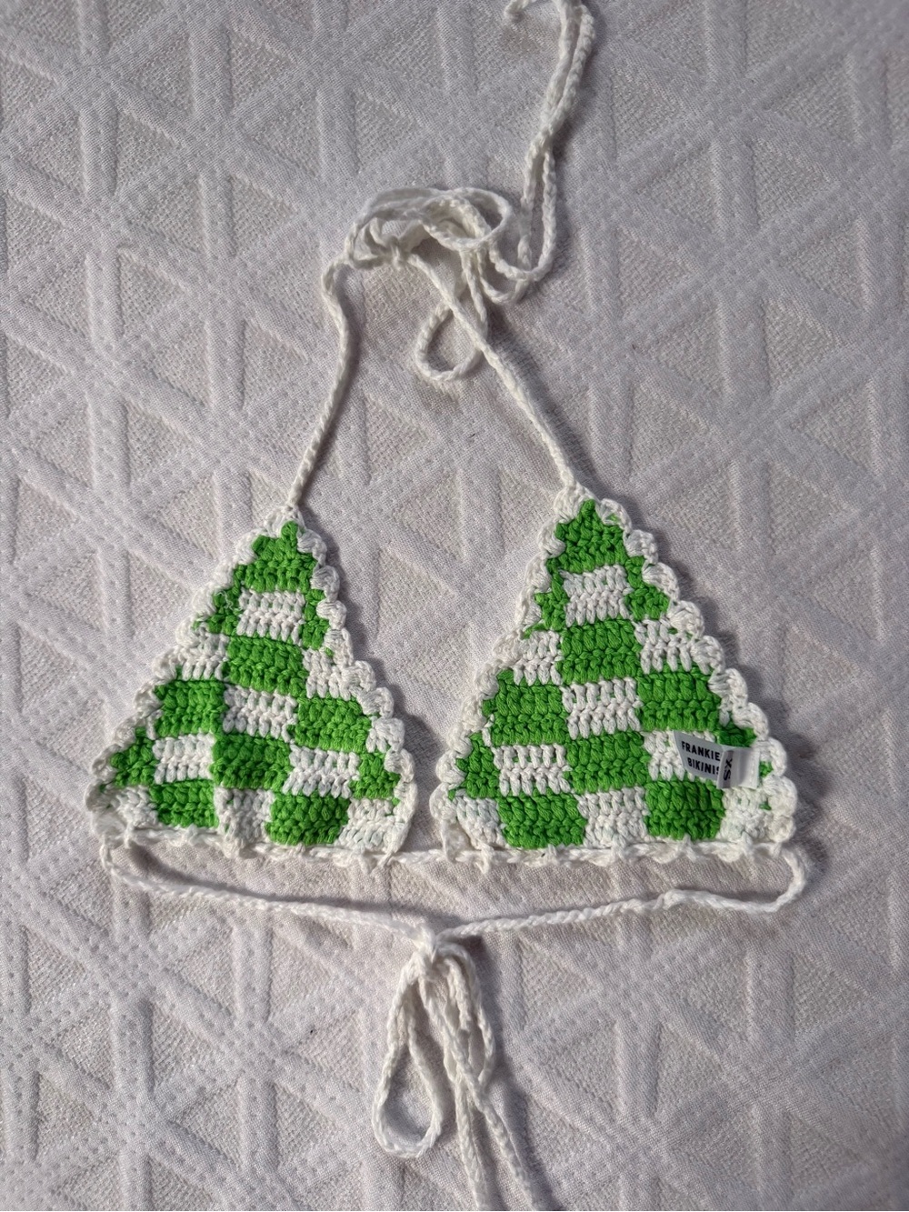 Frankie's Bikinis Green & White Crochet Checker Triangle Top